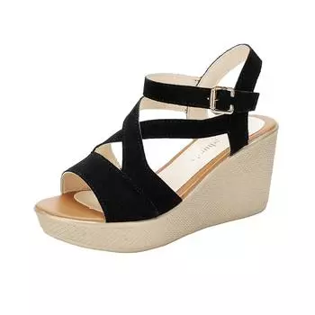 New 2024 Summer Wedges Sandals for Women Ankle Buckle Platform Sandals Woman Lightweight Non-slip Med Heels Sandalias De Mujer 35 бежевый