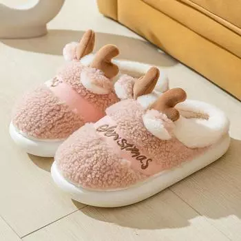 New 2024 Thick Sole Christmas Deer Slippers Women Men Indoor Warm Slipper Soft Plush Home Floor Lovers Winter Platform Shoes 35-36 розовый