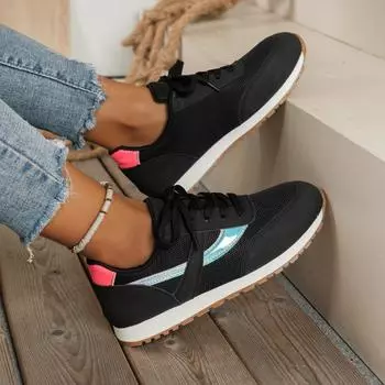 New 2024 Women’s Sneakers Casual Flat Lace Up Outdoor Running Tennis Leather Shoes Fashion Printed Breathable Vulcanized Shoes 39 чёрный