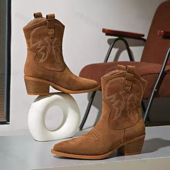 New 2025 Embroidered Pointed Toe Shoes Chunky Heel Knight Boots Retro Slip on Western Cowboy Short Boots Botas De Mujer 36 коричневый
