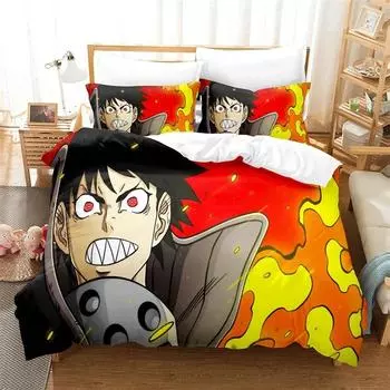 New 3D Print Cartoon Fire Force Bedding Set Boys Girls Twin Queen King Size Duvet Cover Pillowcase Bed boys Adult Home Textiles EU Single(135x200cm)