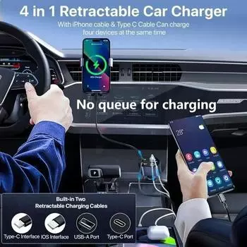 NEW 4 in 1 Retractable Car Charger 120W Super Fast Charge Car Phone Charger 2 Retractable Cables & 2 Ports Car Charger,Hot Sale