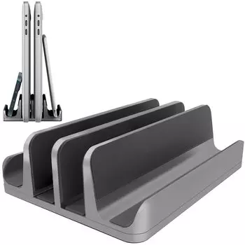 new Adjustable width aluminum laptop stand Vertical orientation cooling function Compatible with MacBook and for stability Space-saving, design серый