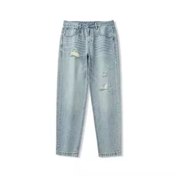 New American Retro Micro-cone Ripped Jeans for Men s Trendy Loose Straight Cutout Pants 28 синий