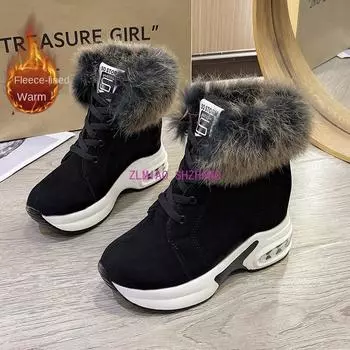 New Ankle Boot for Women Warm Plus Plush Winter Snow Boots Suede Lace-up Internal Increasing 5+3CM Cotton Shoe Botas Mujer 35 чёрный