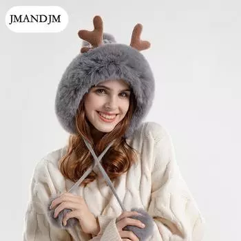 New antler knitted wool hat plush ear protector pullover hat Korean version three hair ball thickened warm hat women розовый
