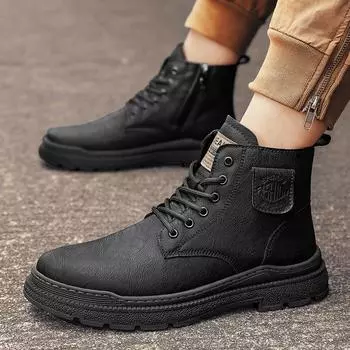 New Arrival Side Zipper for Men Motocross Boots Genuine Leather Walking High Top Shoes 2024 Stylish Men Winter Plush Snow Boots 39