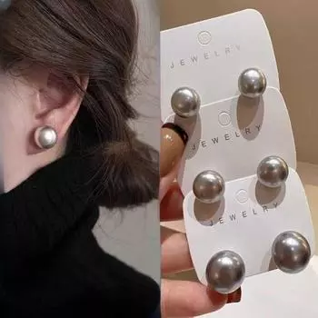 New Arrival Temperamental Cold Style Easiest for Match Flat round Gray Pearl 925 Silver Stud Earrings Pure Color Simple and Small Earrings Women Grey oblate pearl earrings 10+12 2 pairs