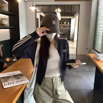 New autumn and winter double zipper sweatshirt, small stand-up collar, long-sleeved coat, women s embroidered bow unique and chic short top S