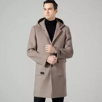 New autumn and winter men s thickened velvet warm hooded double-sided cashmere woolen coat mid-length windbreaker jacket 170