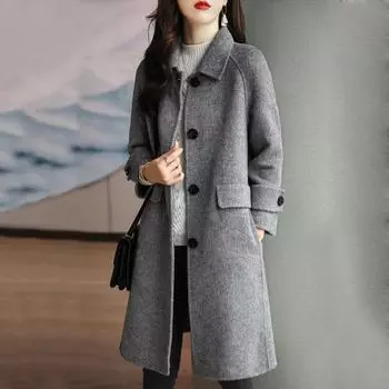 New Autumn and Winter Style Herringbone Straight Coat with Temperament Casual Mid-length Lapel Woolen Jacket S