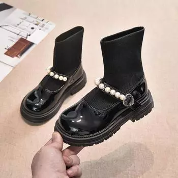 New Autumn Winter Girls Boots Sweet Versatile Children Fashion Princess Boots Causal Glossy PU Kids Socks Shoes Elegant Chic 26 чёрный