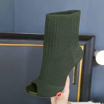 NEW Beige Green Ladies Open Toe Short Boots Elastic Boots Small Hole Hollow Out Breathable Dress Women Boots Pumpsdi43 35 зелёный