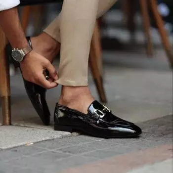 New Black Loafers for Men Pu Leather Slip-On Round Toe Solid Spring Autumn Handmade Men s Shoes for Business Size 38-46 6 чёрный