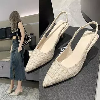 New Blue Pointed High Heel Sandals for Women Back Hollow Half Headed Single Shoes Fashion Versatile Casual Shoes Zapatos Mujer 34 бежевый
