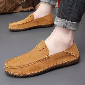 New breathable casual beef tendon sole driving one pedal Doudou shoes soft sole hand-sewn suede lazy shoes 38 чёрный