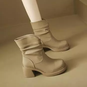 NEW British Style Round Toe Platform Womens Short Boots Soft Pleated Slip-On Thick High Heels Ankle Boots Female Shoes 34 бежевый