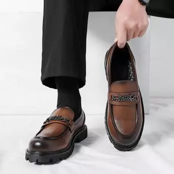 New chain buckle men s leather shoes trendy designer style trend heightening Outdoor men s casual shoes for wedding parties 38 чёрный