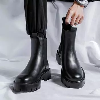 New Chelsea Boots Men Handmade Boot Plus Size Luxury Brand Mens Shoes Autumn Winter Warm Fur Retro Ankle Boots Zapatos Hombre 38 чёрный