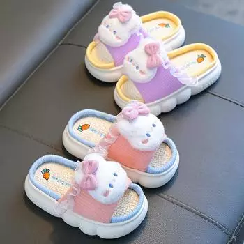Новые детские льняные тапочки с рисунком кролика из мультфильма, весенние и осенние тапочки для девочек, домашние, нескользящие, для четырех сезонов 24-25