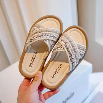 New Children s Slippers Summer Retro National Style Girl House Slippers Fashion Kids Home Bathroom Flip Flops Open-toe Versatile 26 коричневый
