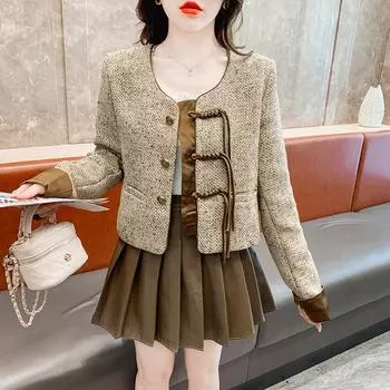 New Chinese Style Small Fragrance Short Jacket for Women In Autumn and Winter New Style Chinese Style Retro Buttoned Small Long-sleeved Top S