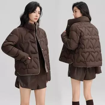 New Chinese winter retro buckle down cotton-padded clothes women s short fashion stand-up collar light cotton-padded clothes women s M чёрный
