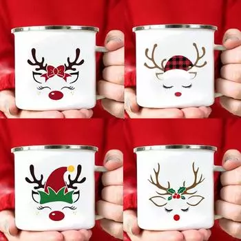 New Christmas Mugs Cartoon deer Drinking Cup Enamel handle Coffee milk Cups Home Kitchen party Drinkware creative holiday gifts