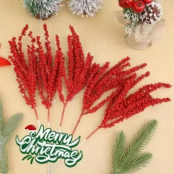 New Christmas Red Berries Branch Artificial Holly Berry Stamen Flowers Wreath for Xmas Tree Ornaments New Year Party Home Decor 1PC красный