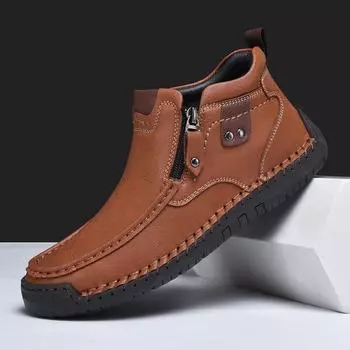 New Classic Handmade Leather Men Boots Outdoor Zipper Design Sneakers Slip On Breathable Casual Shoes Leather Men Ankle Boots 39 чёрный