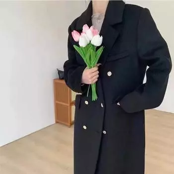 Новое двухстороннее шерстяное пальто для женщин, длинное тонкое шерстяное пальто в корейском стиле с подкладкой на плечи S чёрный