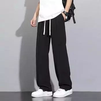 New Draped Straight Trousers for Men s Summer Ice Silk Pants Loose Wide-leg Spring and Autumn Thin Casual Trousers M чёрный
