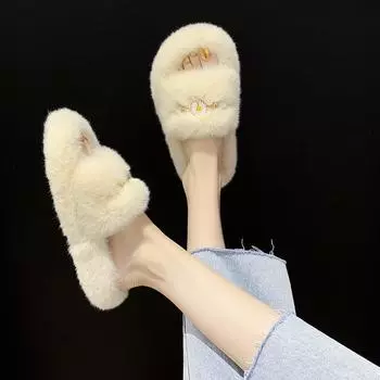 Новые модные шерстяные тапочки с красными волосами, женская модная одежда 2024 года, шерстяные тапочки с толстой подошвой, хризантема Christmasyu8 35 бежевый