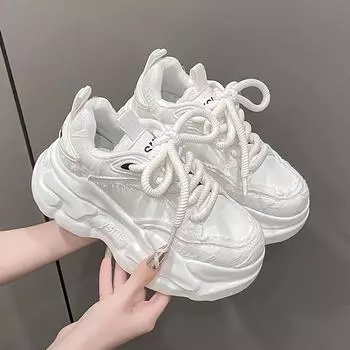 New Fashion Tide Platform Sneakers Women Lace-up Comfort Breathable 7CM Thick Bottom Sport Shoe Casual Walking Vulcanize Shoe 34 чёрный