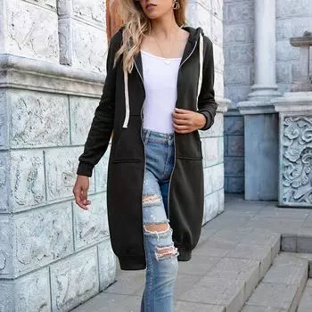 New Fashion Women s Solid Color Slim Fit Zipper Round Neck Long Sleeve Loose Hooded Mid Length Coat XXXXXL