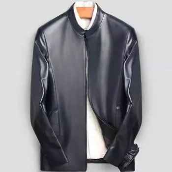 New first-layer sheepskin leather jacket for men, short, stand-up collar, business slim, middle-aged L