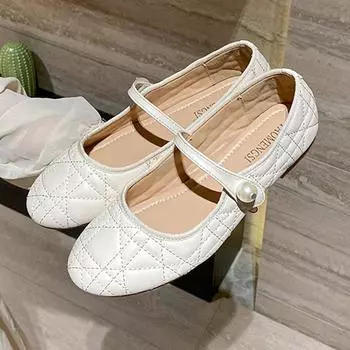 New Flat Shoes Women Elegant Bow Pumps Pearl Buckle Straps Mary Jane Shoes Round Toe Ballet Flats Soft Sole Slip-on Casual Shoes 35