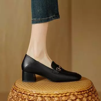 New full leather thick heel 4 cm leather square head loafers middle heel versatile summer casual loafers 34
