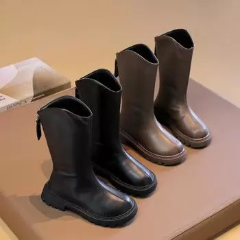 New Girls Mid-Calf Boots Black Brown Versatile Children Leather Boots Classic Simple Kids Causal Catwalk Boots Fashion Non-slip 27 коричневый