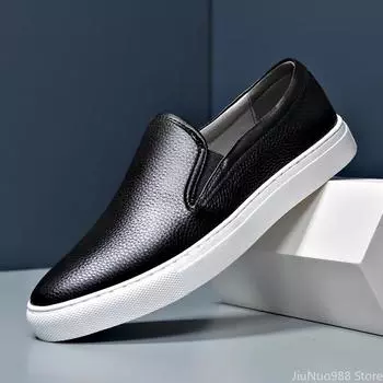 New High End Men Genuine Leather Casual Shoes Fashion Concise Cool Slip-on Loafers Man Flat Leather Skate Shoes 38 чёрный