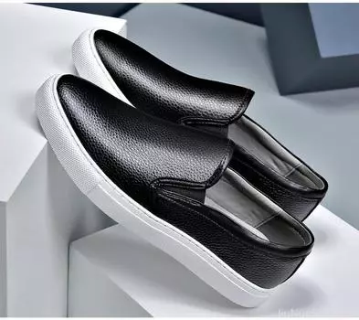 New High End Men Genuine Leather Casual Shoes Fashion Concise Cool Slip-on Loafers Man Flat Leather Skate Shoes 38 чёрный