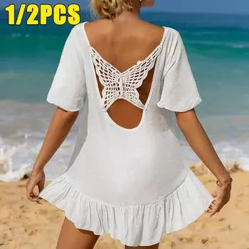 New Holiday Solid Colour Hand Hook Butterfly Splicing Wooden Ear Edge Loose Beach Sunscreen Sexy Beach Short Smock One Size белый