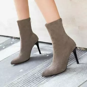 New Hot Mid-barrel Boots Elastic Boots Pointed Toe Thin Heels for Women Black Ankle Stretch Fabric Winter High Heel Boots 35 чёрный