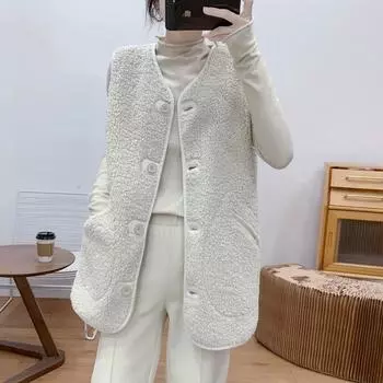 New imitation lamb plush medium and long vest female retro temperament can wear fur on both sides integrated vest sleeveless vest M хаки