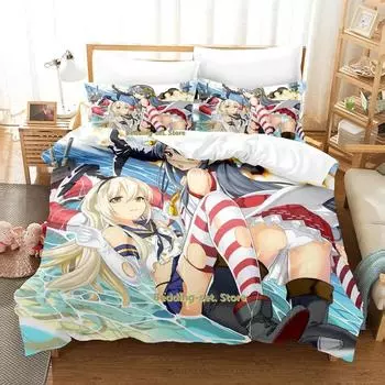 New Kawaii Kantai Collection Bedding Set Single Twin Full Queen King Size Bed Set Adult Kid Bedroom Duvetcover Sets Anime Bed EU Single 135x200cm