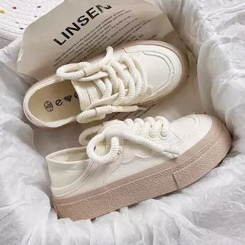 New Lace-up Vulcanized Shoes Autumn Women s 2024 White Canvas Sneaker All-match Round Toe Flat Casual Outdoor Running 40 бежевый
