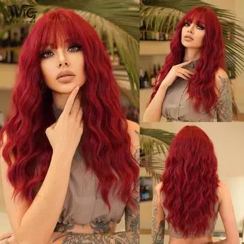 Парик Siren Red Deep Curly с прямой челкой - объемный синтетический парик с волнистыми волосами, смелые и романтичные образы 60cm 24 Inch золотой