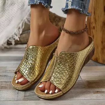 New large size slippers thick bottom slope heel fish mouth sewing line casual women s crocodile pattern PU women s drag 36 чёрный