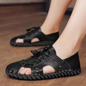 New Leather Men Sandals Summer Men s Sandals Slippers Outdoor Beach Casual Shoes Zapatos Hombre Durable Non-Slip Luxury Shoes 39 чёрный