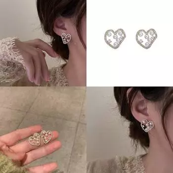Новые серьги-пусеты с жемчугом любви для женщин, модные серьги с кристаллами в форме сердца любви, корейские серьги, индивидуальные украшения для вечеринки, банкета Gold-color
